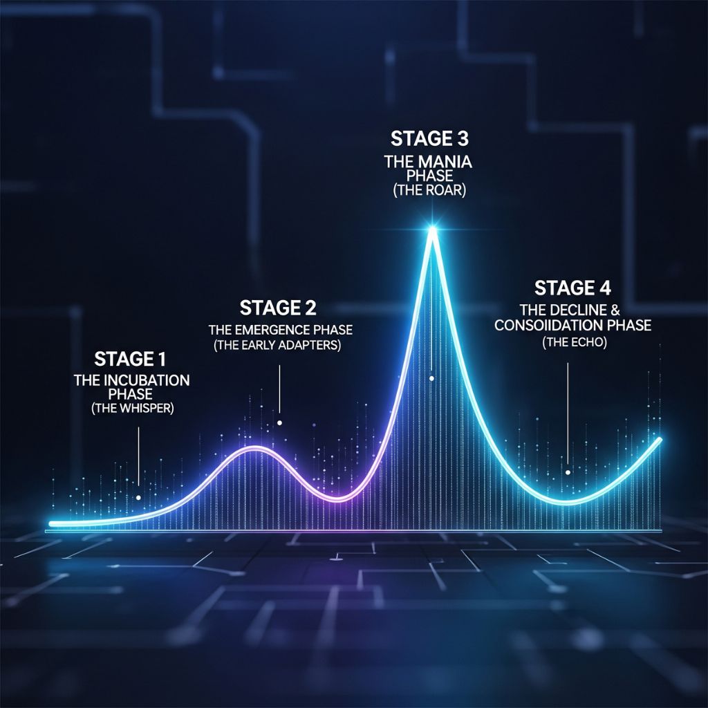 A chart or infographic illustrating the four stages of a crypto narrative lifecycle, similar to a market cycle chart