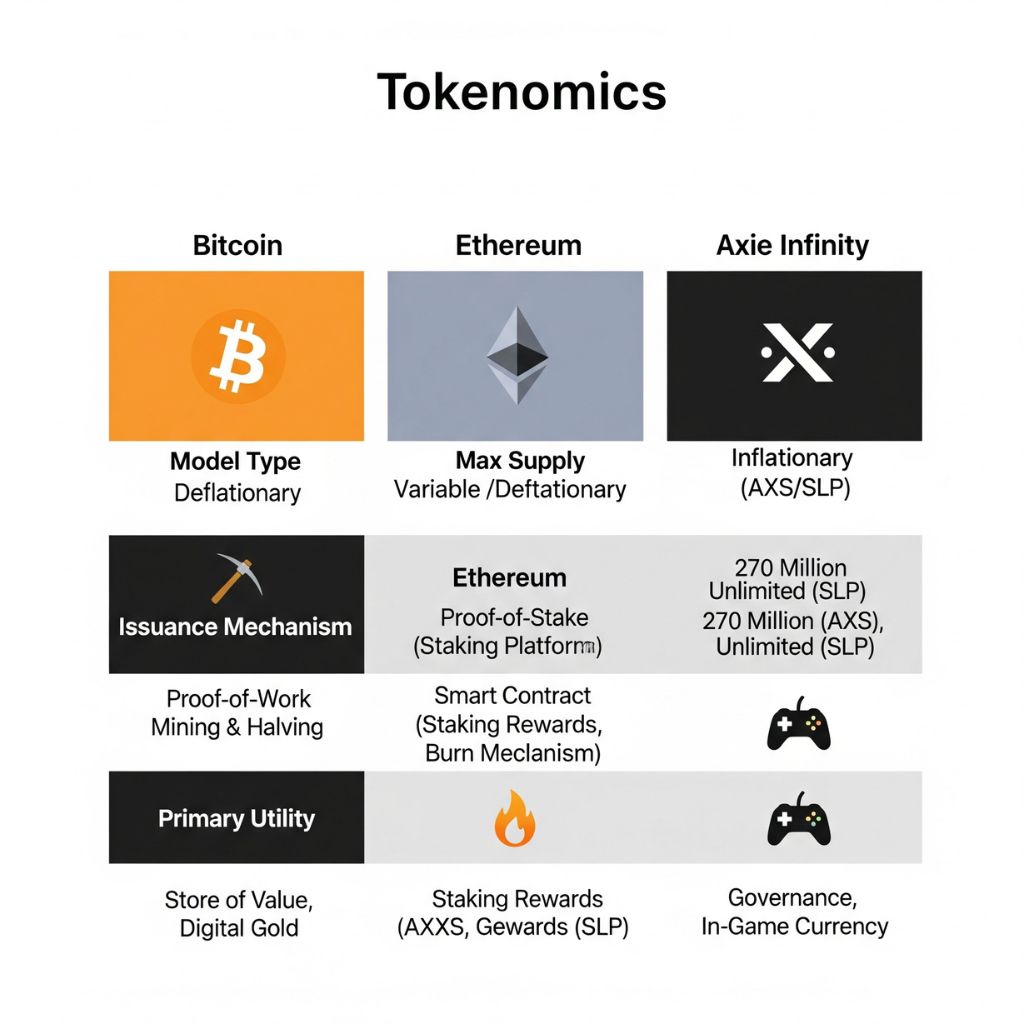 A comparison chart showing the key differences between Bitcoin's, Ethereum's, and Axie Infinity's tokenomics models