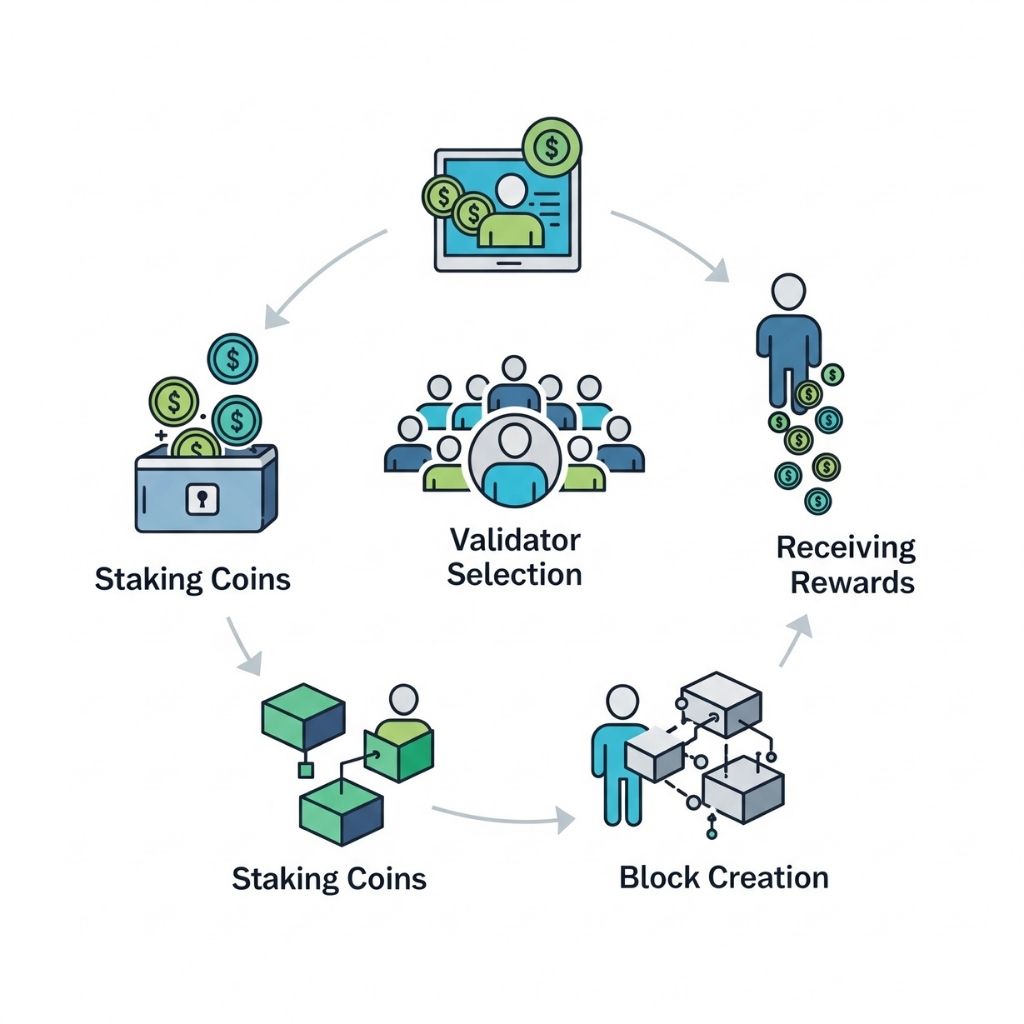 A diagram showing the cycle of staking coins, being selected as a validator, creating a block, and receiving rewards.