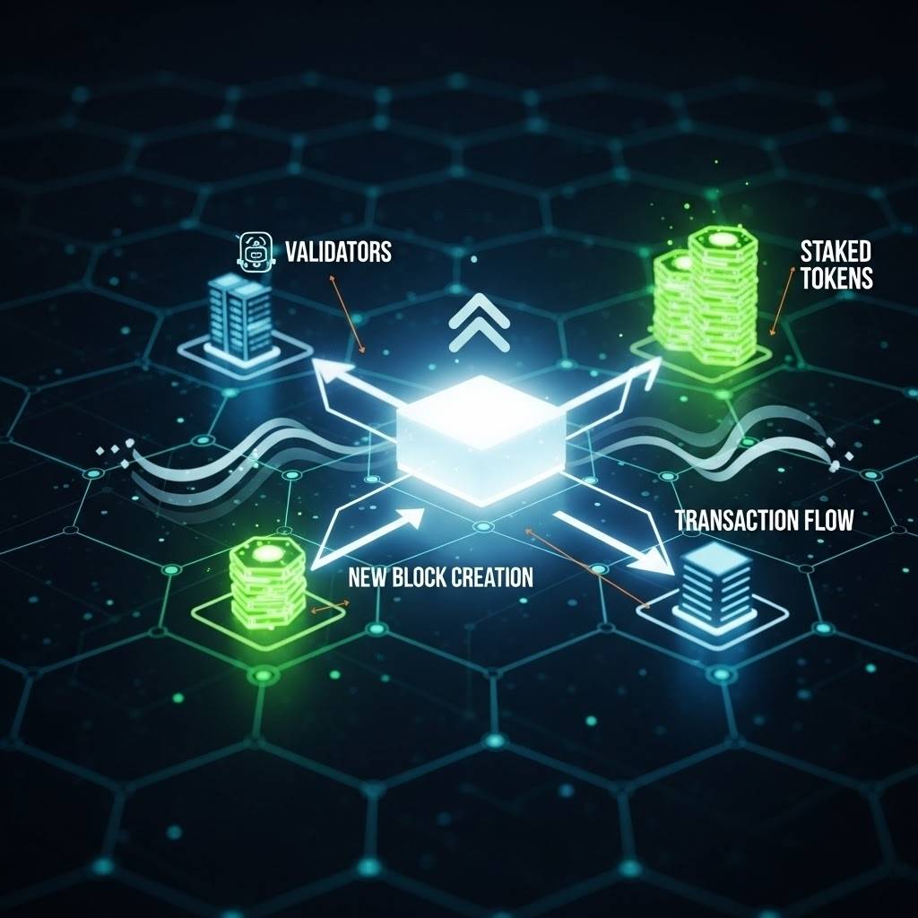 A futuristic network graphic illustrating the efficiency and connectivity of Proof-of-Stake blockchains