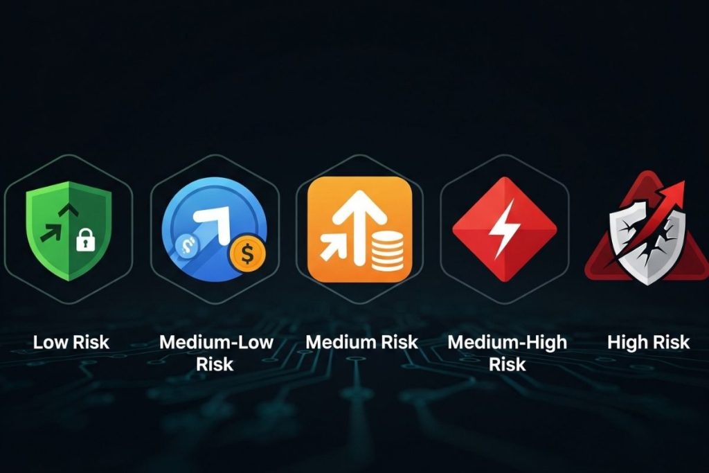 A graphic showcasing the logos of five different crypto staking strategies with risk levels from low to high