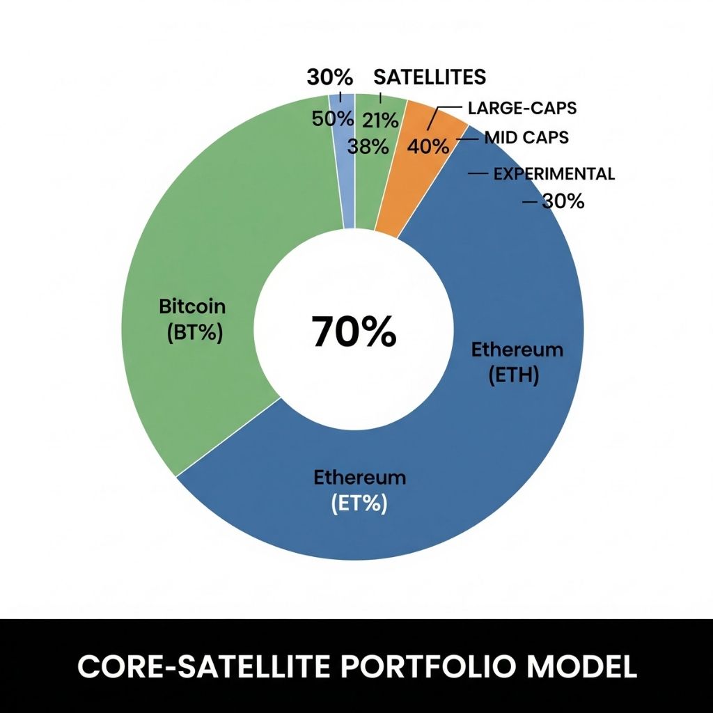 A professional pie chart graphic illustrating the Core-Satellite portfolio model with 70% Core (Bitcoin, Ethereum) and 30% Satellites (Large-Caps, Mid-Caps, Experimental)