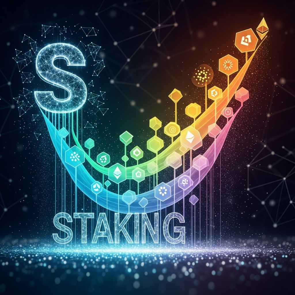 An abstract digital art piece representing passive income growth from crypto staking