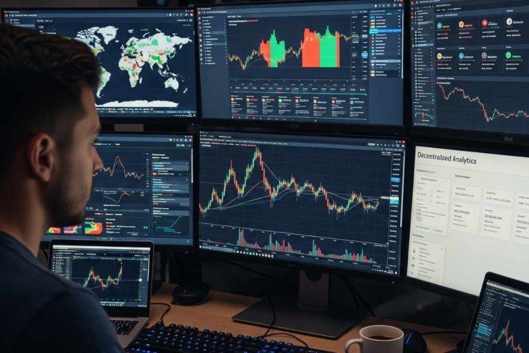 An illustration of a crypto investor analyzing charts and data on multiple screens representing the use of various crypto research tools