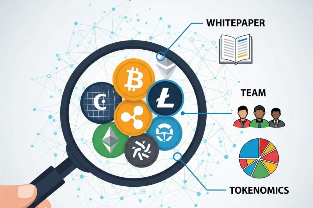 An infographic showing a magnifying glass over various cryptocurrency logos with labels