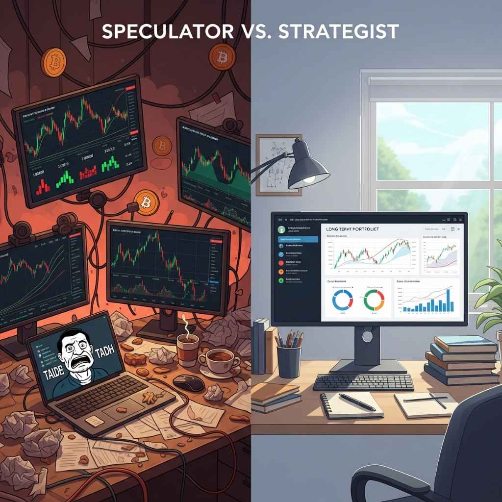 A split-screen image showing a chaotic, messy desk with random crypto charts on the left, and a clean, organized desk with a structured portfolio dashboard on the right, under the title "Speculator vs. Strategist"