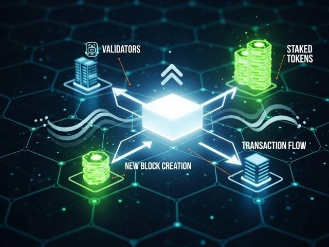 A futuristic network graphic illustrating the efficiency and connectivity of Proof-of-Stake blockchains