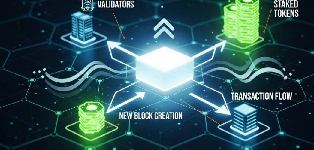 A futuristic network graphic illustrating the efficiency and connectivity of Proof-of-Stake blockchains A futuristic network graphic illustrating the efficiency and connectivity of Proof-of-Stake blockchains