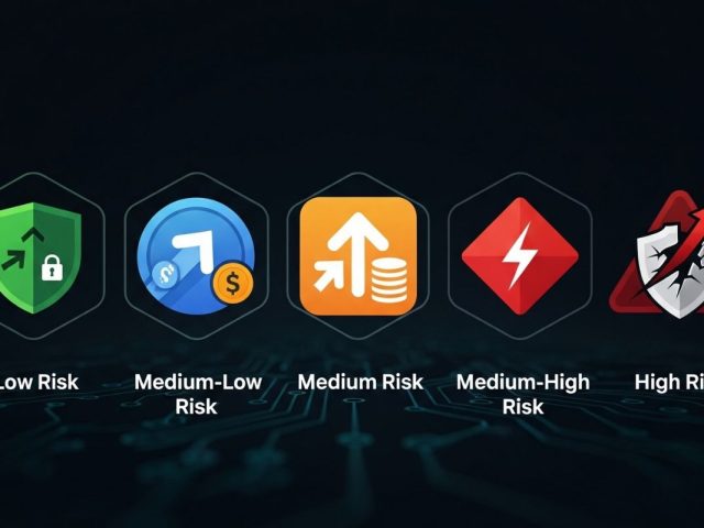 A graphic showcasing the logos of five different crypto staking strategies with risk levels from low to high A graphic showcasing the logos of five different crypto staking strategies with risk levels from low to high