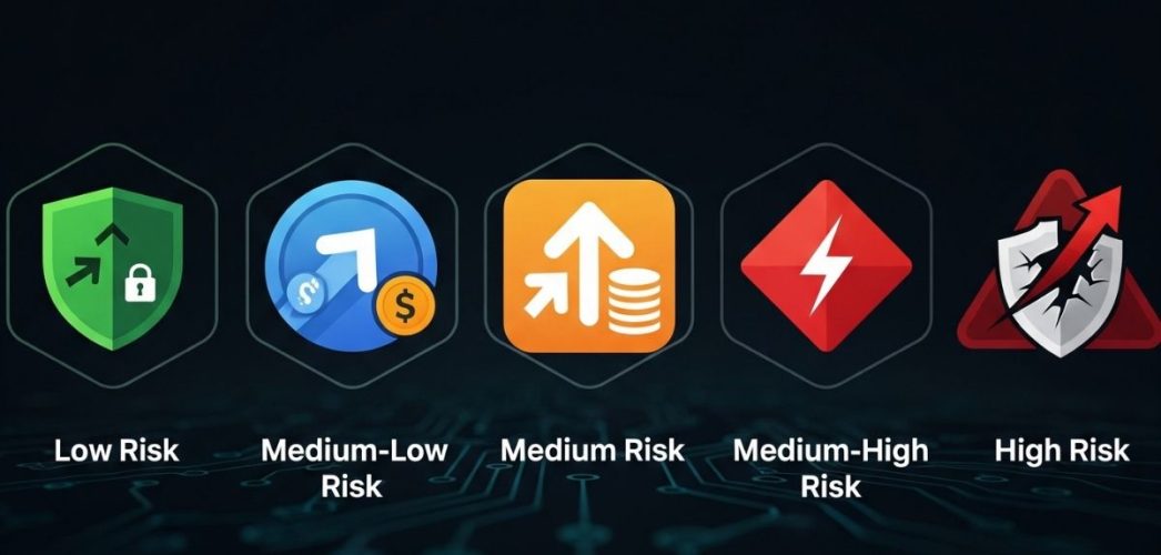 A graphic showcasing the logos of five different crypto staking strategies with risk levels from low to high A graphic showcasing the logos of five different crypto staking strategies with risk levels from low to high