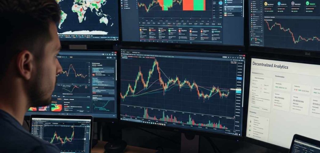 An illustration of a crypto investor analyzing charts and data on multiple screens representing the use of various crypto research tools An illustration of a crypto investor analyzing charts and data on multiple screens representing the use of various crypto research tools