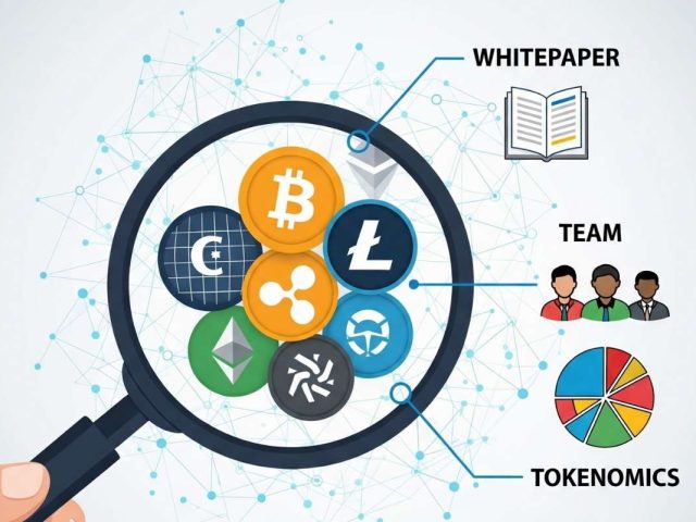 An infographic showing a magnifying glass over various cryptocurrency logos with labels An infographic showing a magnifying glass over various cryptocurrency logos with labels
