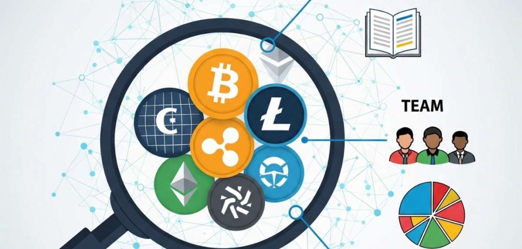 An infographic showing a magnifying glass over various cryptocurrency logos with labels An infographic showing a magnifying glass over various cryptocurrency logos with labels